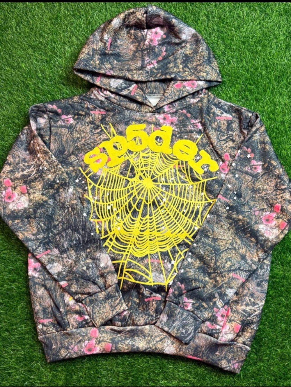 Spider Graphic Hooded Sweatshirt - Yellow Web Print on Brown/Pink